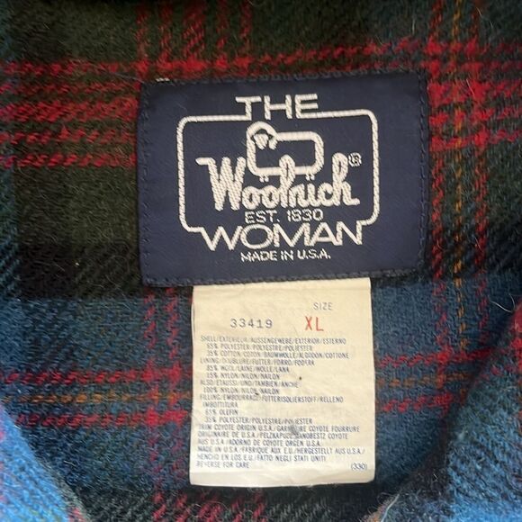 Woolrich Vintage Coyote Fur Trim Parka Green Plaid Lined Coat XL - Picture 3 of 16